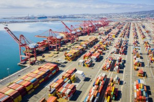 Aerial image of containers in the Port of Long Beach, California.