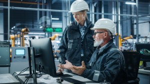 Car Factory Office: Female Manager Talks to Male Automotive Engineer Working on Computer. Automated Robot Arm Assembly Line Manufacturing Electric Vehicles. Technicians Monitoring Conveyor Production